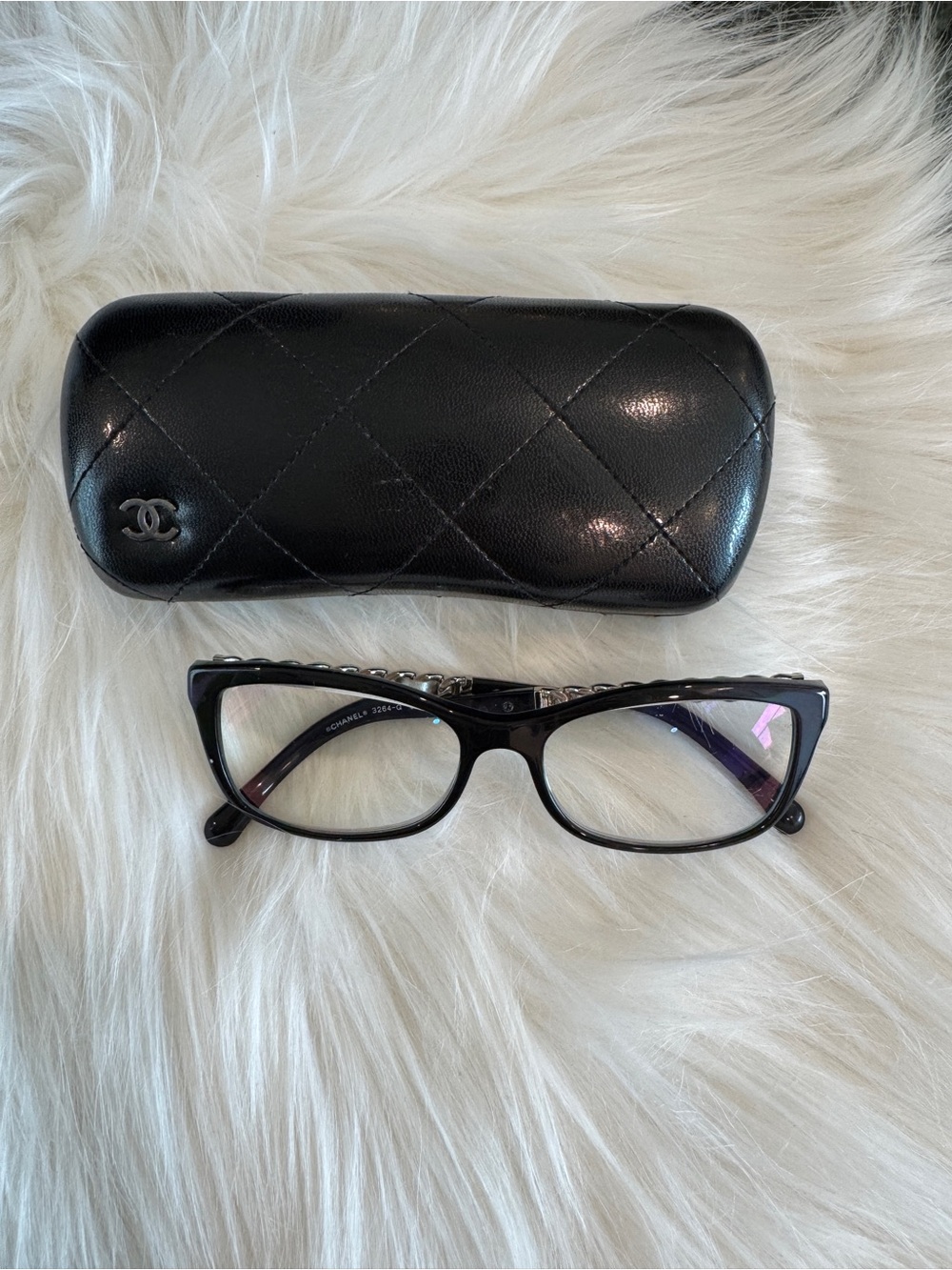Chanel Black Cat-Eye Optical Glasses with Quilted Case